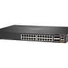 Switch Aruba 6200F 24G 4SFP+ vista frontal Puertos del Aruba 6200F 24G Switch Aruba 6200F instalado en rack Panel trasero del Aruba 6200F con conexiones SFP+