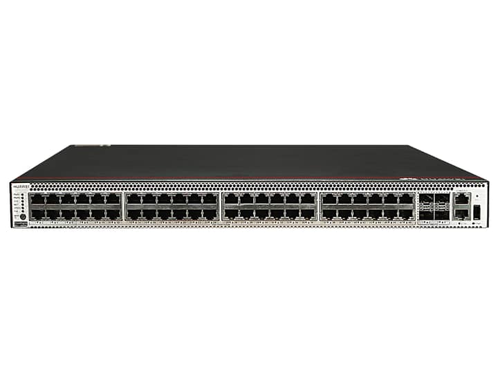 Switch Huawei S5731-S48P4X vista frontal Puertos PoE Switch Huawei S5731-S48P4X Interfaz de administración Switch Huawei S5731-S48P4X Switch Huawei S5731-S48P4X instalado en rack