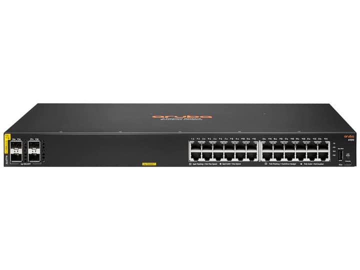Switch Aruba 6100 24G PoE vista frontal Puertos PoE del Aruba 6100 24G Switch Aruba 6100 con uplinks SFP+ Instalación del Aruba 6100 24G en rack Red empresarial con Aruba 6100 PoE 370W