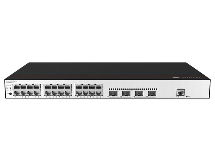 Switch Huawei S3710-H24P4S-A vista frontal Puertos PoE Switch Huawei S3710-H24P4S-A Interfaz administración Switch Huawei S3710-H24P4S-A Switch Huawei S3710-H24P4S-A instalado en rack