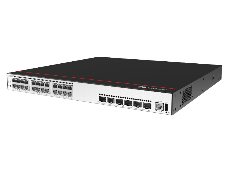 3 Vista frontal del Switch Huawei CloudEngine S5735-S24P4XE-V2 PoE Puertos y diseño del S5735-S24P4XE-V2 con PoE Switch Huawei PoE modelo S5735-S24P4XE-V2 en rack Conectividad del Huawei CloudEngine S5735-S24P4XE-V2 Especificaciones técnicas del Switch Huawei S5735-S24P4XE PoE