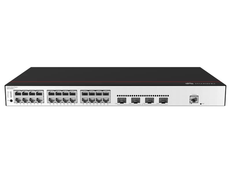 Switch Huawei S3710-H24P4S-A vista frontal Puertos PoE Switch Huawei S3710-H24P4S-A Interfaz administración Switch Huawei S3710-H24P4S-A Switch Huawei S3710-H24P4S-A instalado en rack
