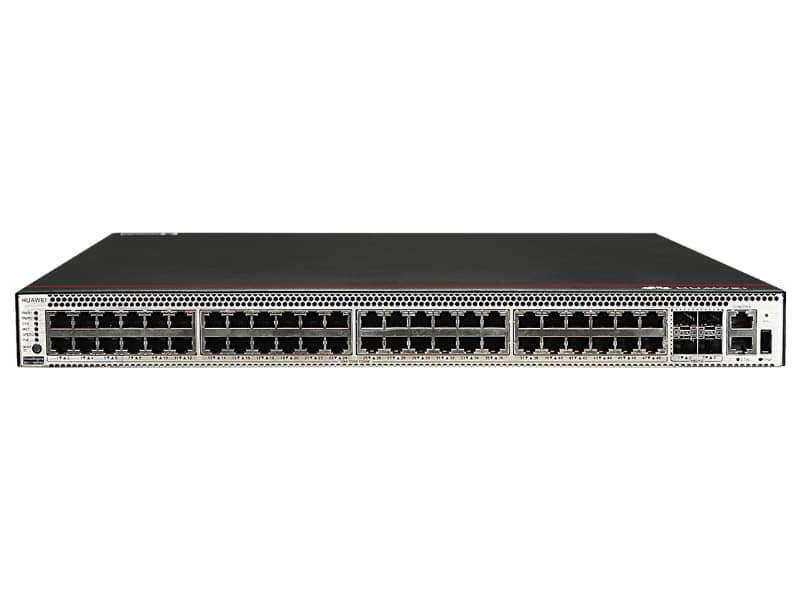 Switch Huawei S5731-S48P4X vista frontal Puertos PoE Switch Huawei S5731-S48P4X Interfaz de administración Switch Huawei S5731-S48P4X Switch Huawei S5731-S48P4X instalado en rack