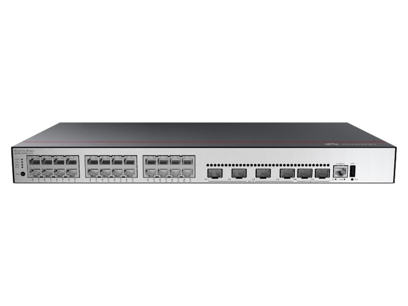 Switch Huawei S5735-L24P4XE vista frontal Puertos PoE Switch Huawei S5735-L24P4XE Interfaz administración Switch Huawei S5735-L24P4XE Switch Huawei S5735-L24P4XE instalado en rack
